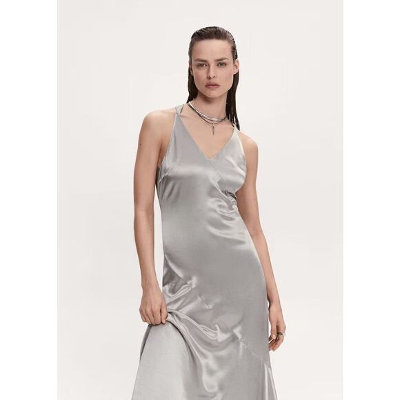 Mango MNG Women's Asymmetrical Satin-finish Dress w/ Asymmetrical Hem Silver Siz - Picture 1 of 16
